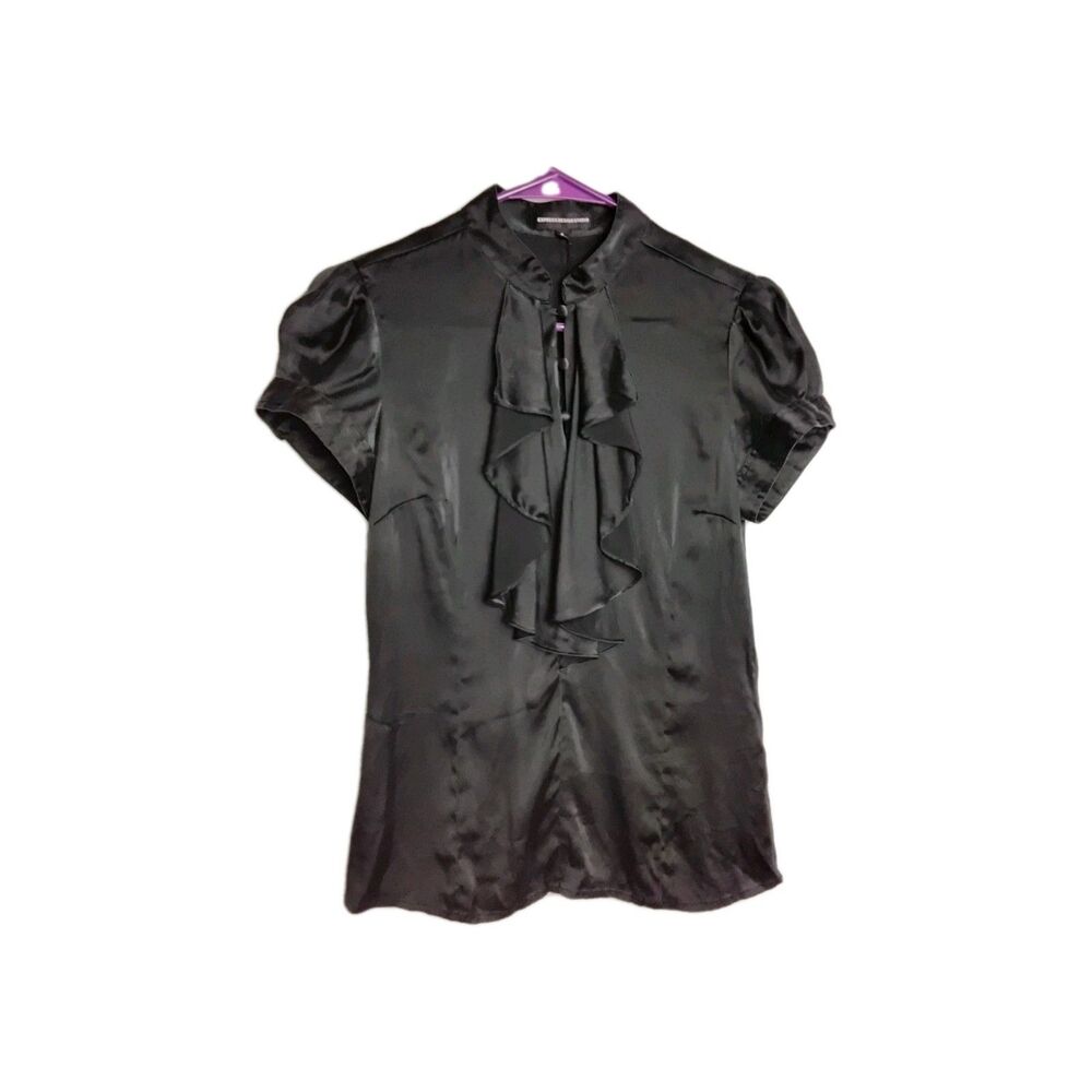 Express Design Studio Gray Ruffle Front Short-Sleeve Blouse Small Silk Spandex